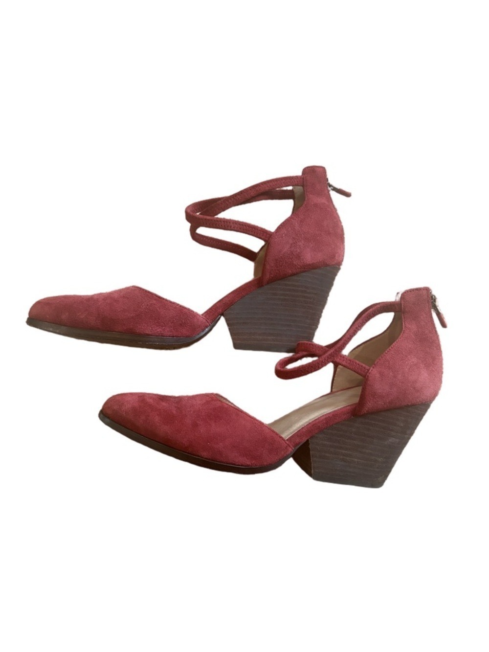 Eileen Fisher Tilda Sz 9.5 red suede crisscross ankle strap stack heeled shoes.